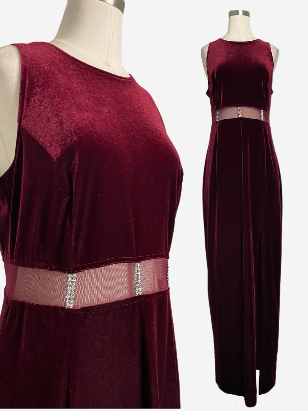 Vintage 90s Donna red velvet cutout mesh rhinestone slit maxi gown holiday M